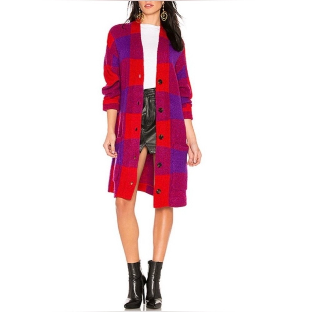 Long Open-Front Checked Cardigan Sweater - Red & Purple